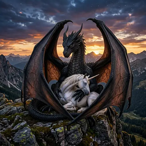 Majestic Black Dragon Cradling Serene Unicorn