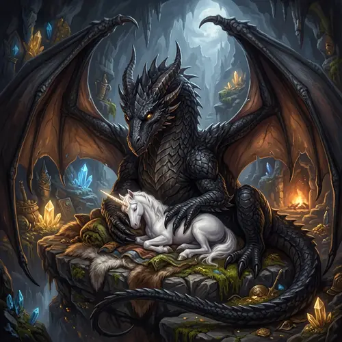 Black Dragon Embracing Sleeping Unicorn - Mythical Creatures