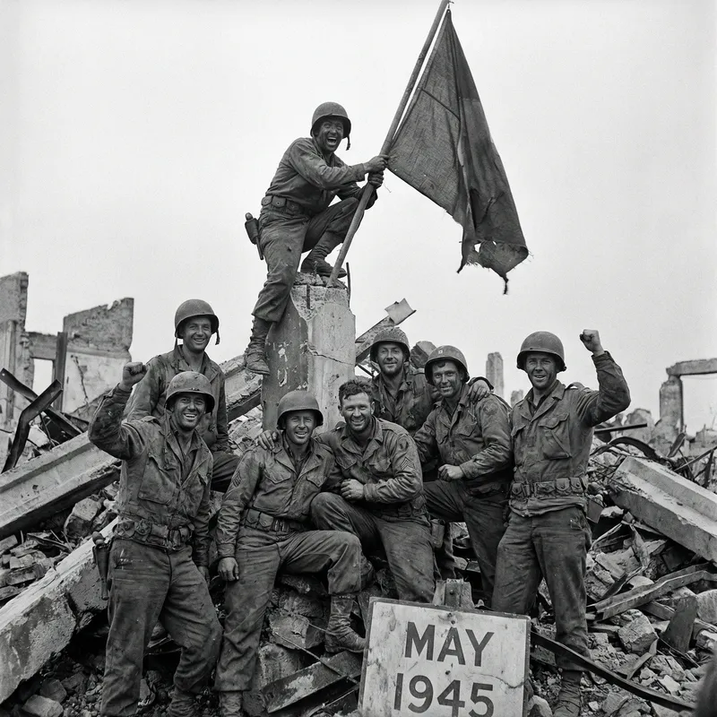 1945 Victory: Red Flag Raised by Soviet Soldiers at Reichstag