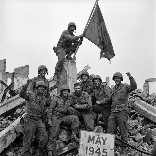 Historic Victory: Soldiers Raise Red Flag Amid Ruined Building