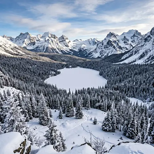 Snowy Country Surrounded by Mountains and Forest