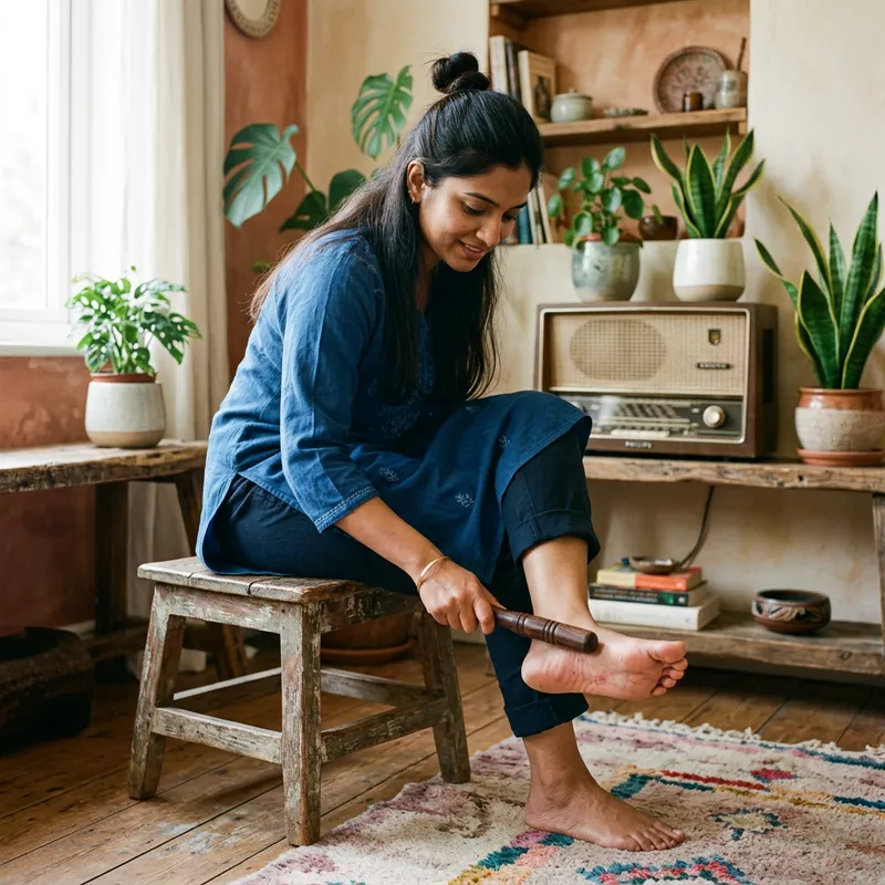 South Asian Woman Hitting Feet Stick Marks Discomfort Alleviation
