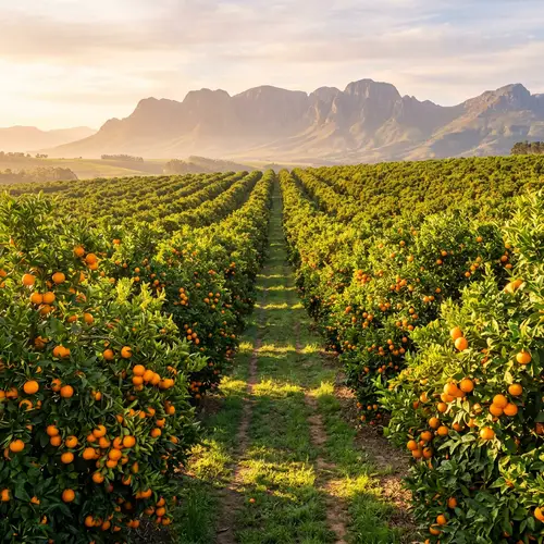 Vibrant Orange Trees: Orchard in Morning Sunlight