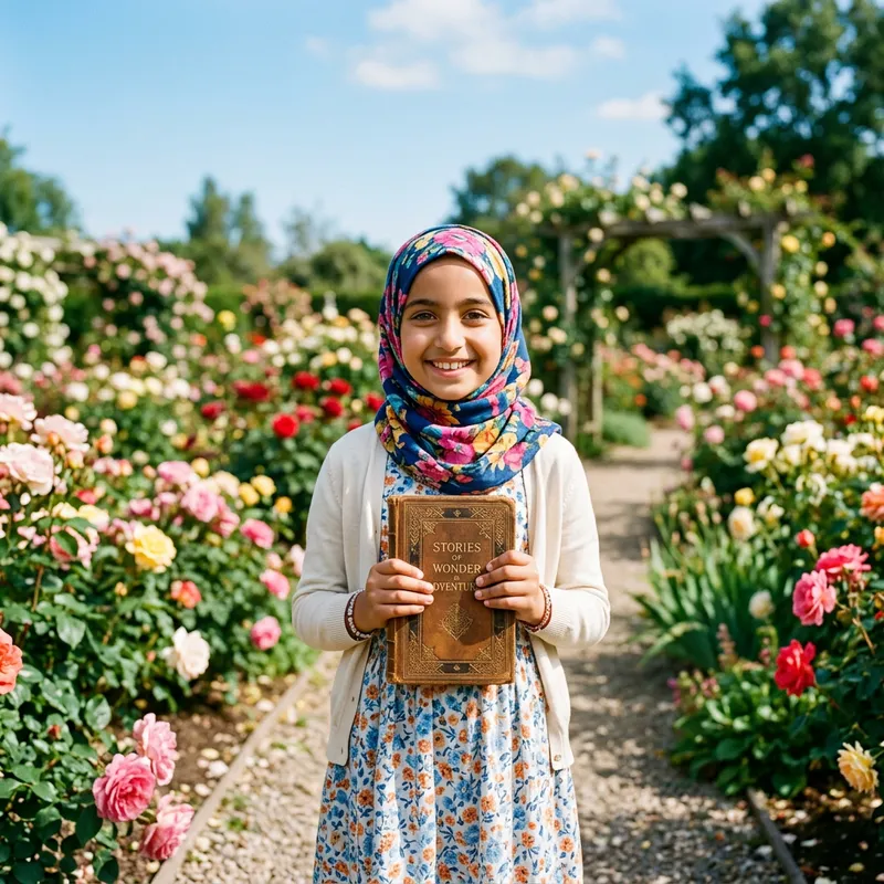 Young Girl in Colorful Hijab Smiling in Blooming Rose Garden