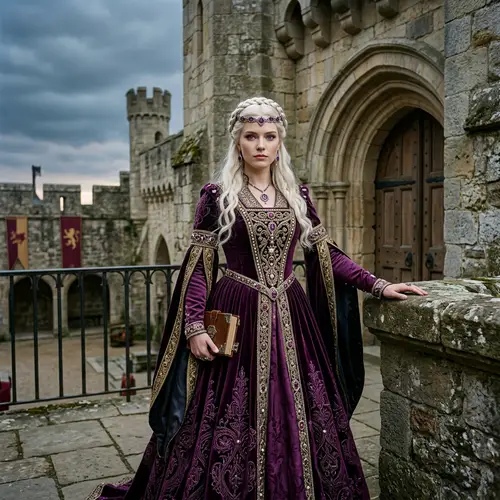 Regal Lady in Medieval Gown | Ancient Stone Architecture