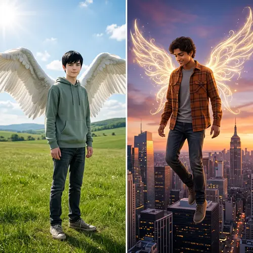 Teenage Boys with Wings: Caucasian vs. South Asian - Unique Illustrations
