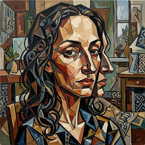 Cubism Style Portrait of a Long-Haired Woman