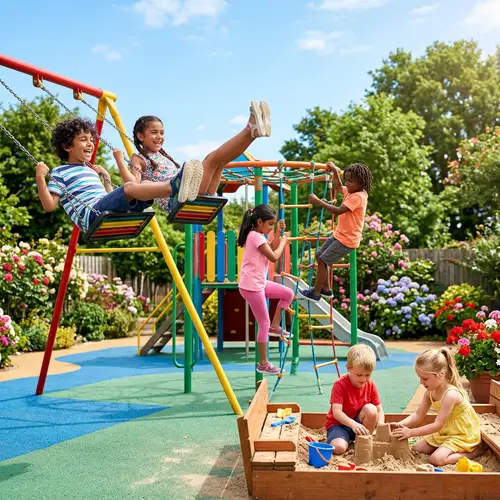 Colorful Playground with Diverse Kids Playing Happily