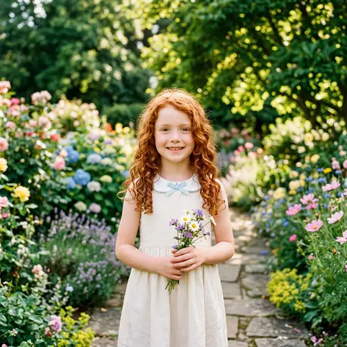 Vibrant Red-Haired 10-Year-Old Girl in Serene Garden