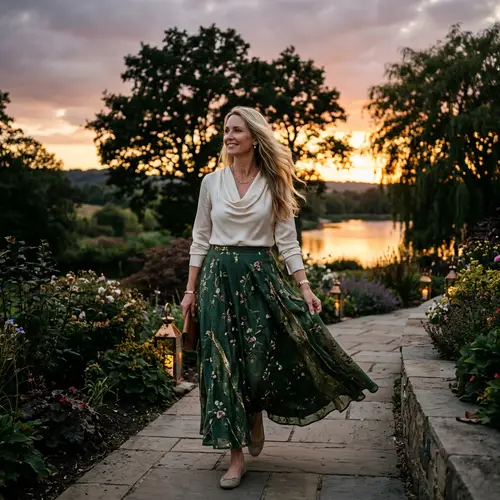 Elegant Caucasian Woman in Sophisticated Attire at Dusk