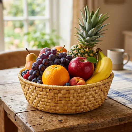 Exquisite Fruit Basket with Fresh, Juicy Fruits on Wooden Table