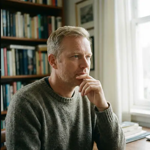 Thoughtful Mid-Aged Man with Short Blonde Hair