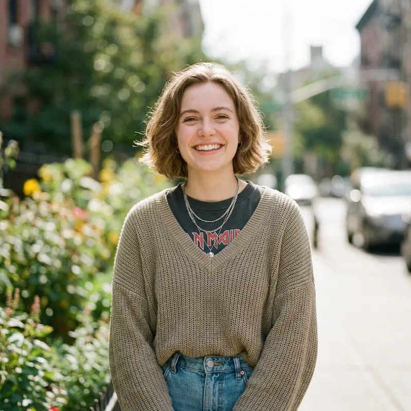 Young Woman with Short Light Brown Hair and Fair Skin | Modern Fashion Outfit