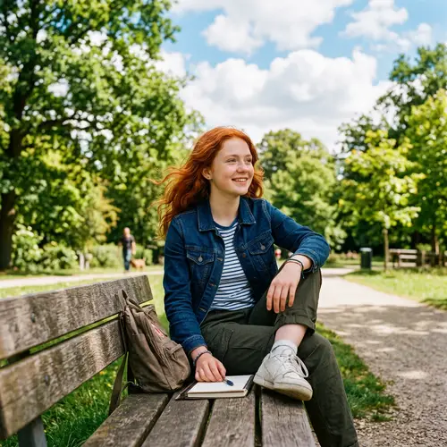 Vibrant Red-Haired Teenager Lost in Daydreams | Park Scene