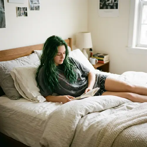 Green Hair Girl Relaxing on Bed