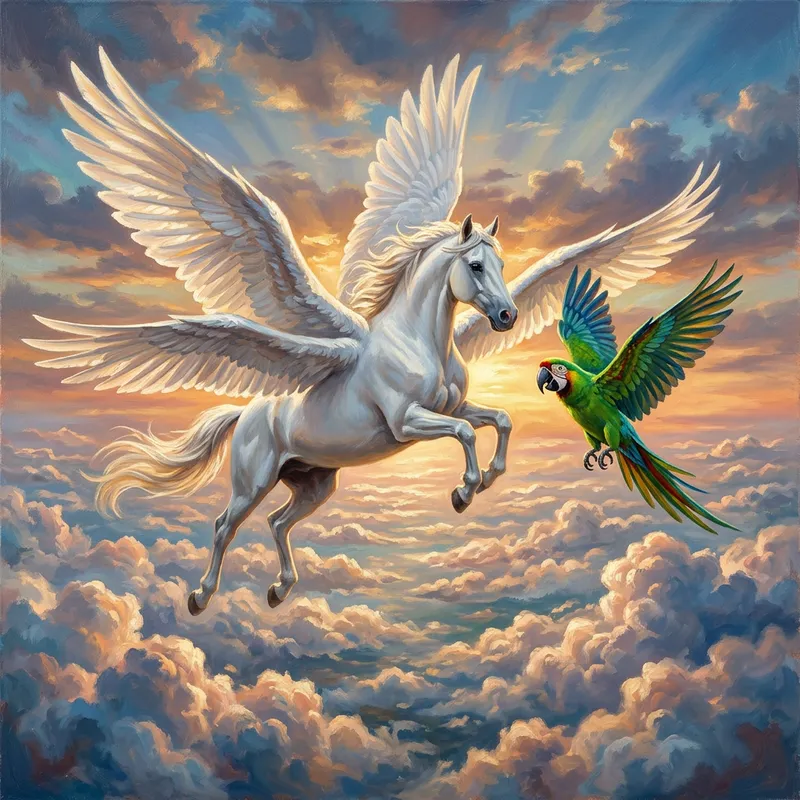 White Pegasus Flying with Large Green Parrot
