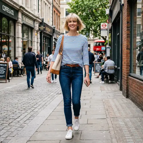 Tall Blonde Woman in White and Blue Striped Shirt and Jeans