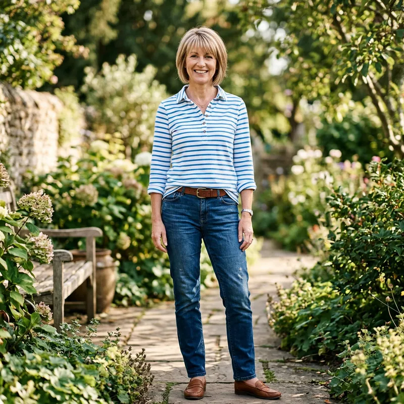 Tall Blonde Woman in Striped Shirt and Jeans | Age 50