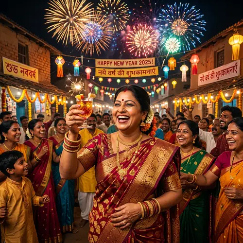 South Asian Woman Celebrating New Year in Colorful Village