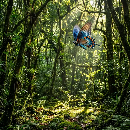 Vibrant Blue and Orange Butterfly Soaring Over Verdant Forest