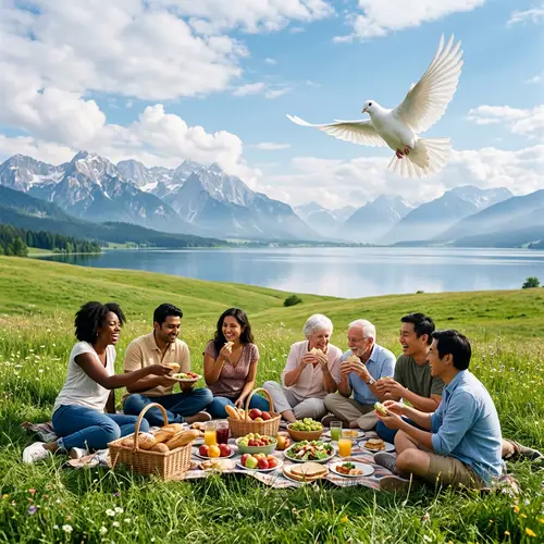 Harmony and Unity Picnic in Peaceful Grassland with Dove