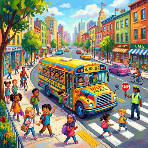 Vibrant City Street with Colorful School Bus