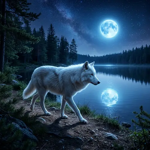 Elegant White Female Wolf by Serene Lakeside