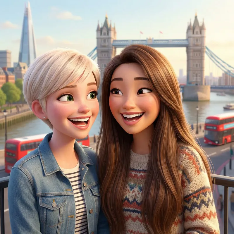 Pixar-Style Fair-Skinned and Asian Women in London Cityscape