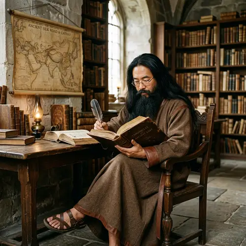 Asian Bearded Man Engrossed in Reading Book