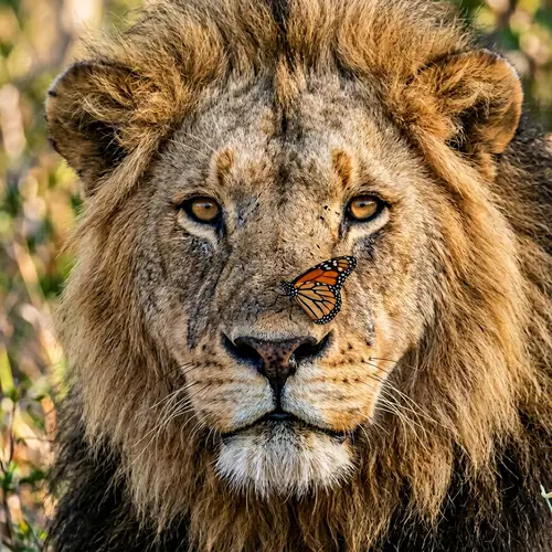 Lion Head Close-Up with Butterfly on Nose