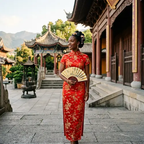 Elegant Dark-Skinned Woman in Red Silk Chinese Dress