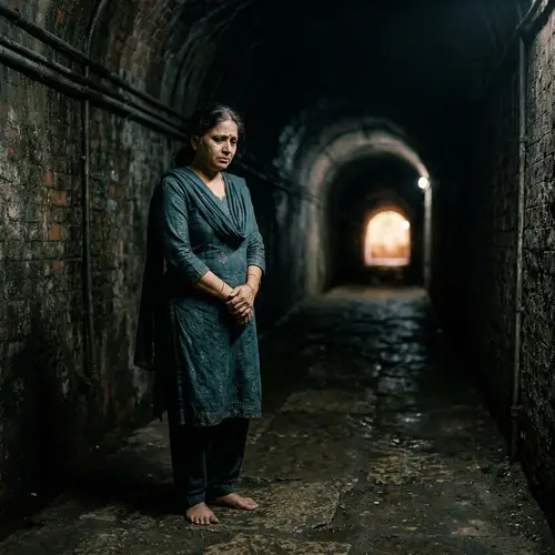 Sad South Asian Woman in Dimly Lit Tunnel Struggling with Depression
