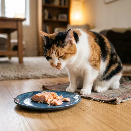 Colorful Cat Enjoying Salmon Meal Indoors