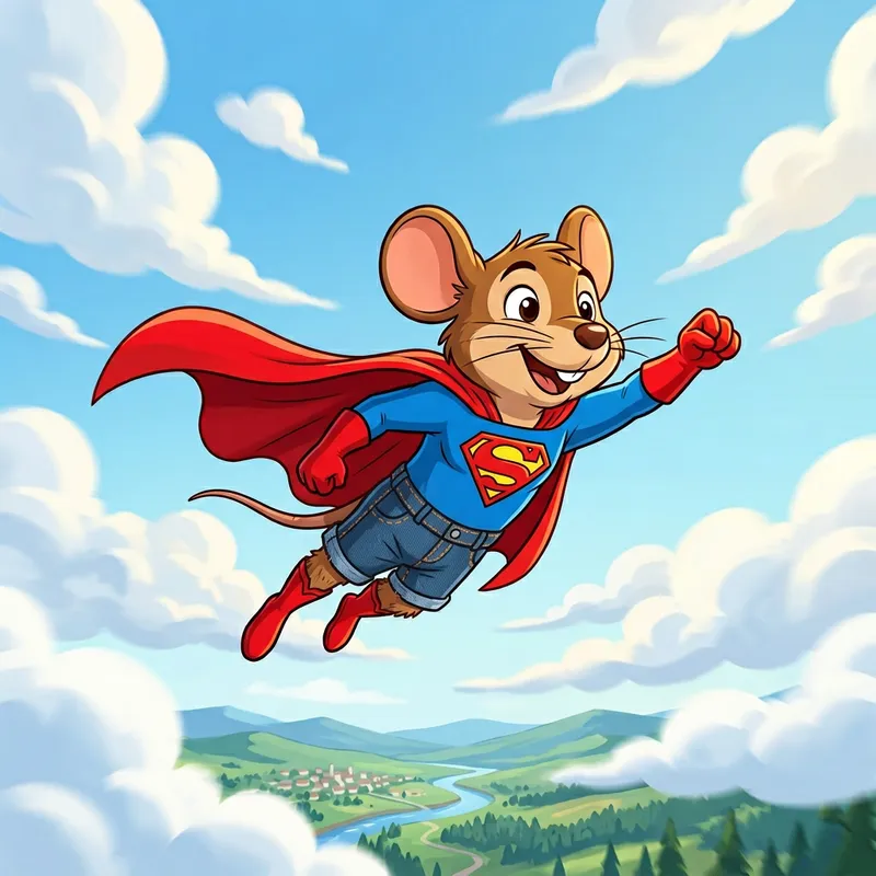 Cartoon Mouse Flying in Superman Outfit Cartoon Mouse Flying in Superman Outfit