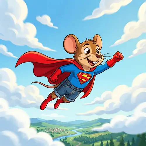 Cartoon Mouse Fly Sky in Superman Outfit
