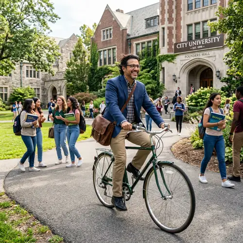 Cheerful Hispanic Male Professor Arriving at Educational Institution