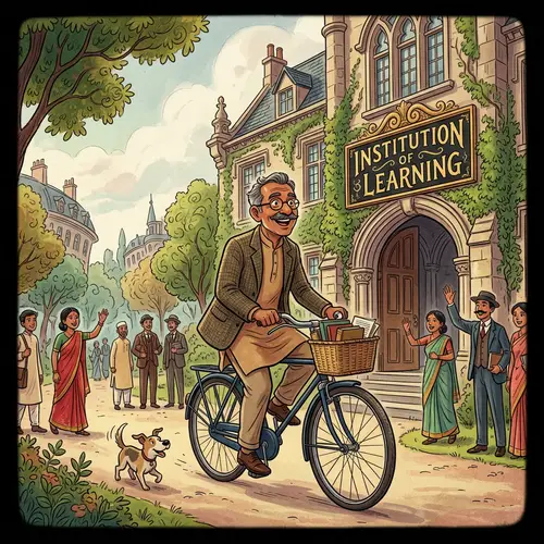 Enthusiastic South Asian Male Professor Biking to Educational Institution