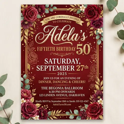 Adela's 50th Birthday Invite - Elegant Red Rose Theme