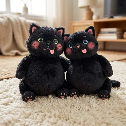 Adorable Black Plush Cat Toys Having Fun on Soft Carpet