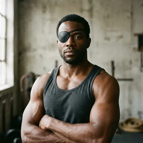 Muscular African American Man with Eyepatch | Physical Fitness Symbol