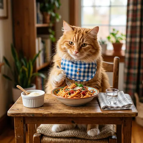 Fluffy Orange Tabby Cat Enjoying Spaghetti | Delightful Scene