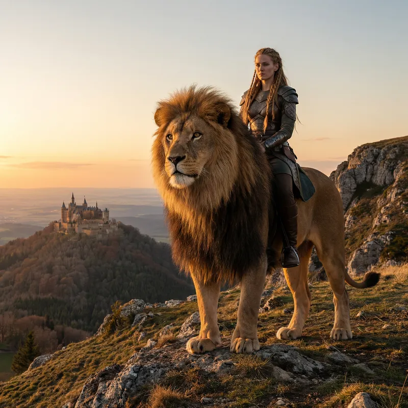 Majestic Lion and Woman on Mountain Top