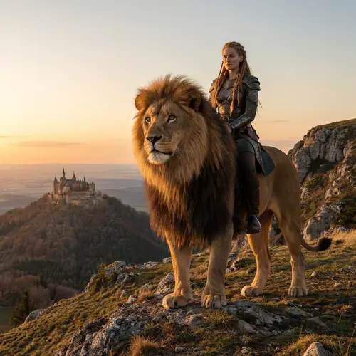 Majestic Lion and Woman on Mountain Top