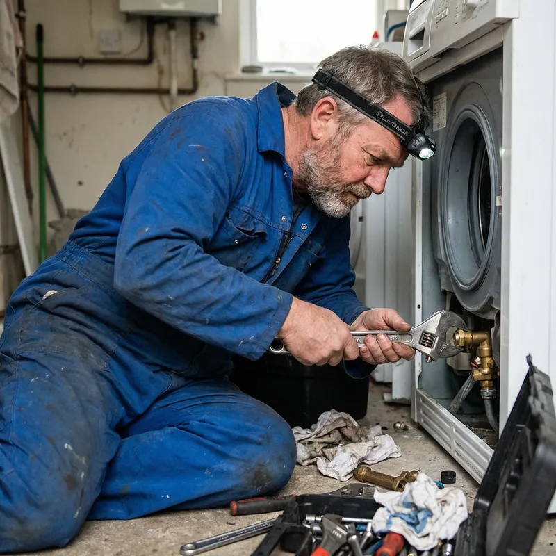 Experienced Male Plumber Working on Washing Machine