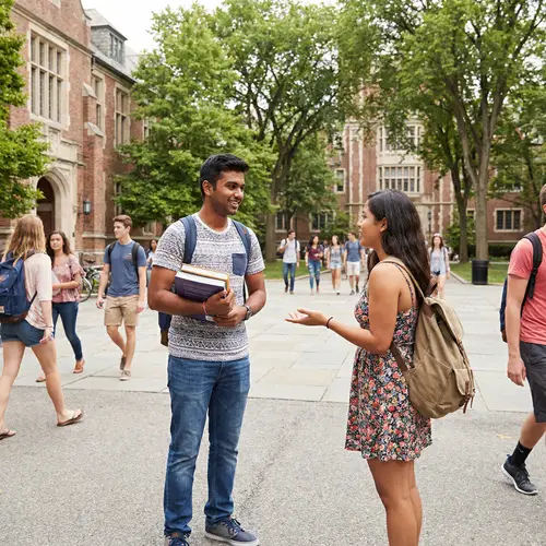 Diverse University Students Engage in Friendly Conversation
