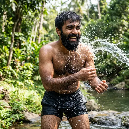 Refreshing Outdoor Swim: Splashed South Asian Man in Verdant Setting