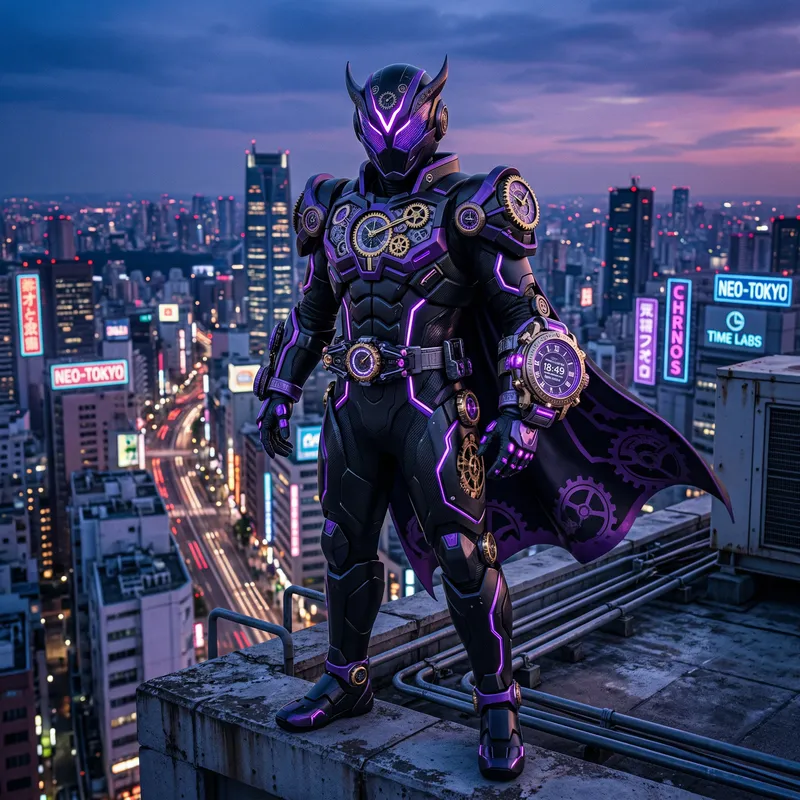 Futuristic Masked Rider Superhero in Urban Twilight