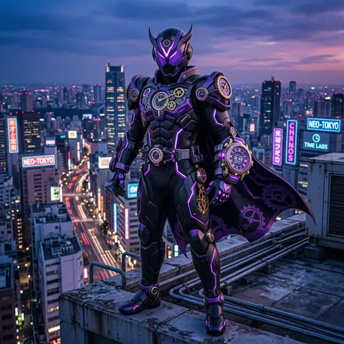 Futuristic Masked Rider Superhero in Urban Twilight