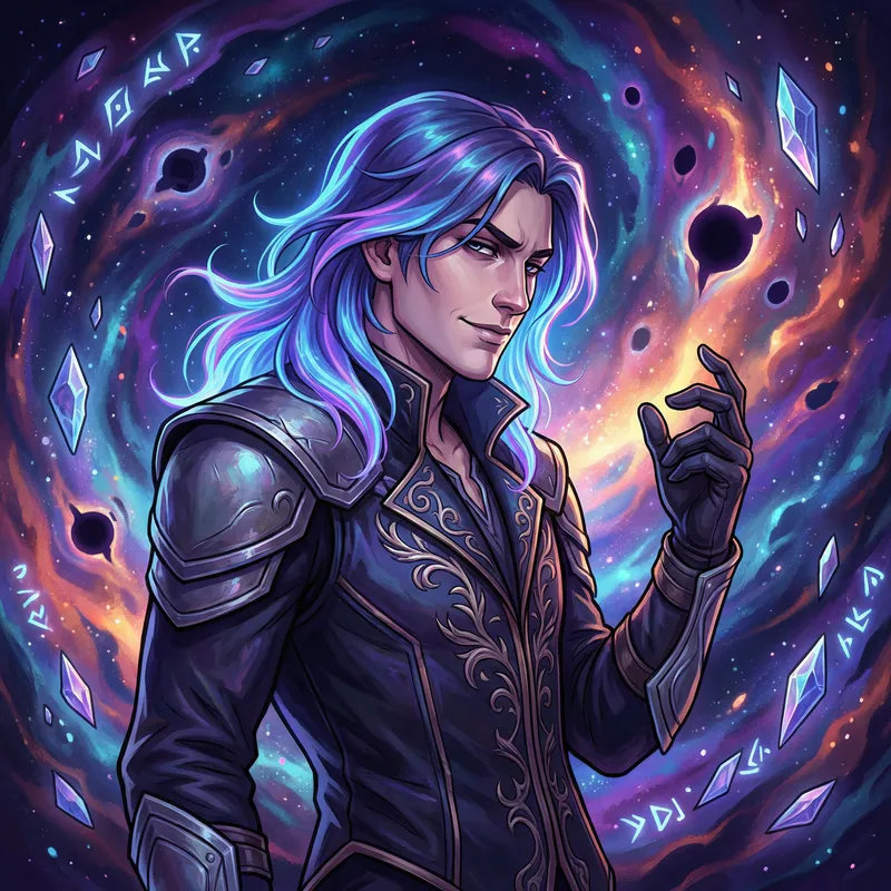 Villainous Anti-Hero with Blue Purple Hair - Young Man in Galactic Universe Villainous Anti-Hero with Blue Purple Hair - Young Man in Galactic Universe