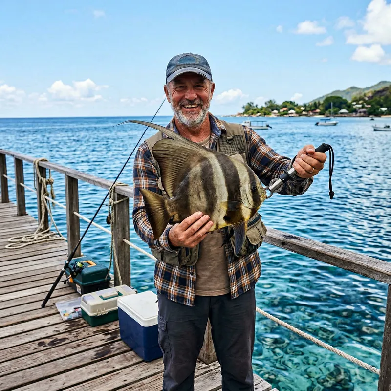Fisherman Catches Longfin Batfish on a Sunny Pier Fisherman Catches Longfin Batfish on a Sunny Pier